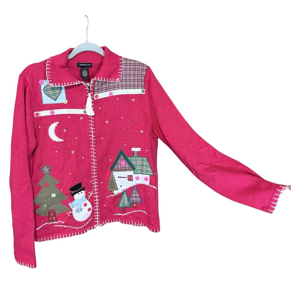 Jason Maxwell Red Christmas Cardigan Sweater Zip Front Applique Snowman Medium